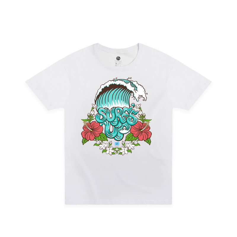 Front view of a white t-shirt with a colorful Surfs Up graphic featuring a wave and flowers on a white background