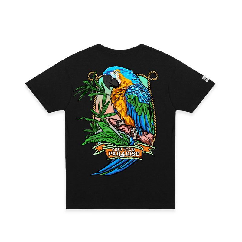 White unisex t-shirt with a colorful teal parrot graphic and 'Find Your Paradise' text on a white background