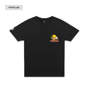 Front view of a black t-shirt with a screaming Bart Simpson head on the chest against a white background