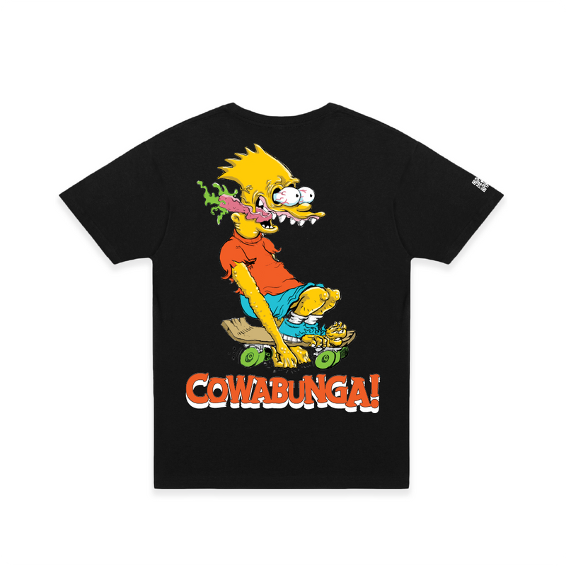 Rear view of a black t-shirt with a Ed Roth Bart Simpson character and 'Cowabunga!' text on a white background