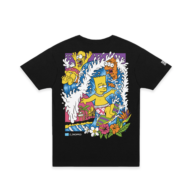 Rear view of a black t-shirt with a Bart Simpson surfing a wave graphic on a white background