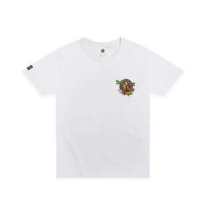 Front view of a white t-shirt with a tropical hut graphic on the front on a white background