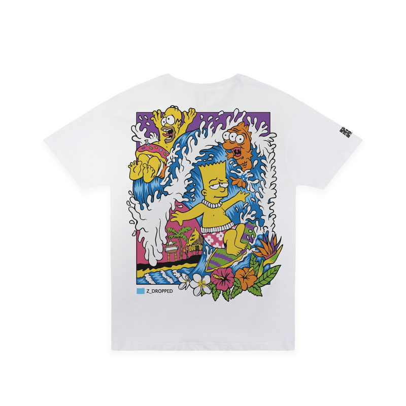 Rear view of a white t-shirt with a Bart Simpson surfing a wave graphic on a white background