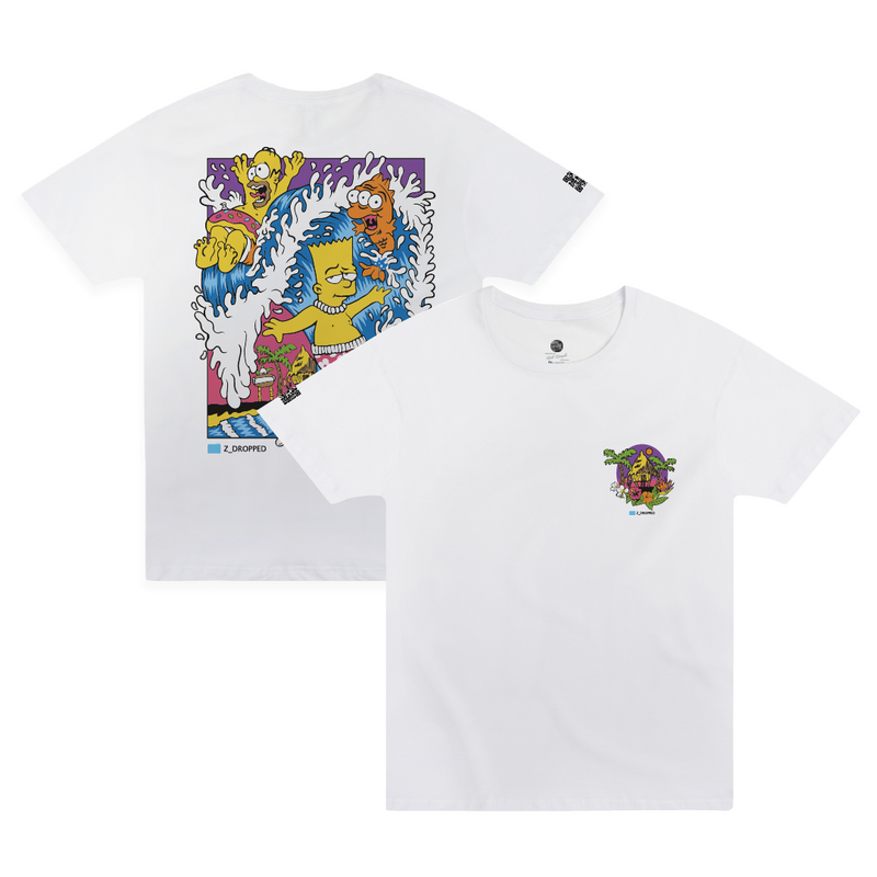 Front and rear view of a white t-shirt with Bart and Homer Simpson surfing a wave on a white background.