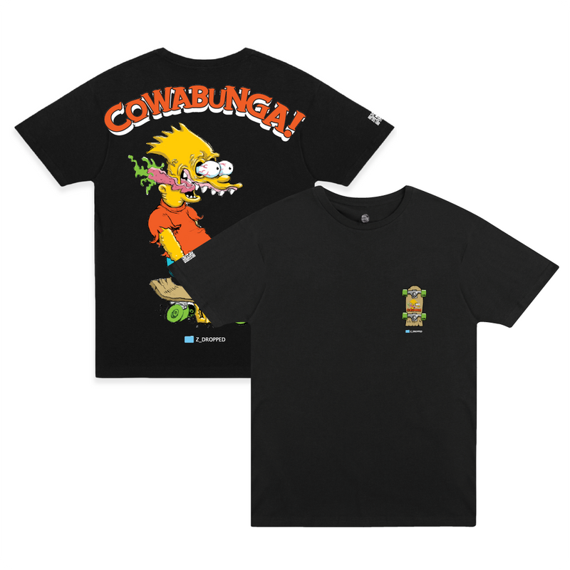 Front and Back view of zdroppeds best seller Bart Roth on a black t-shirt designed by Keith Kuniyuki.