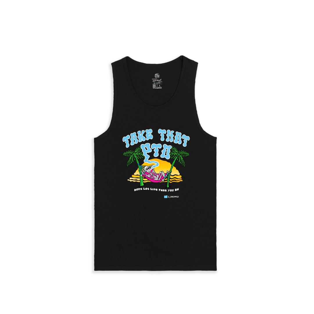 Front view of a unisex black tank top with colorful skeleton in a hammock graphic and Take That PTO text on a white background