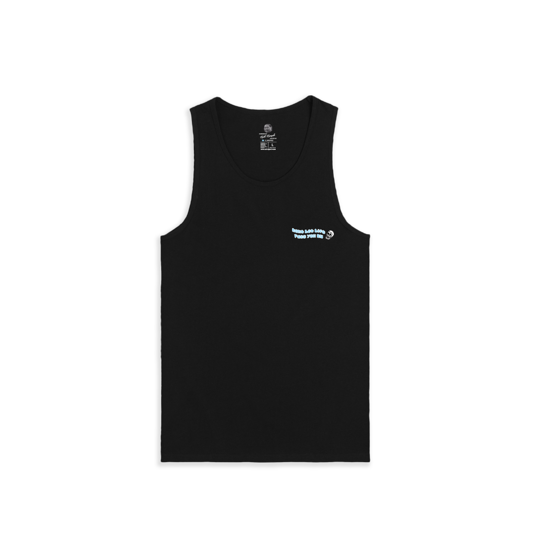 Front view of a unisex black tank top with a small white logo on a white background