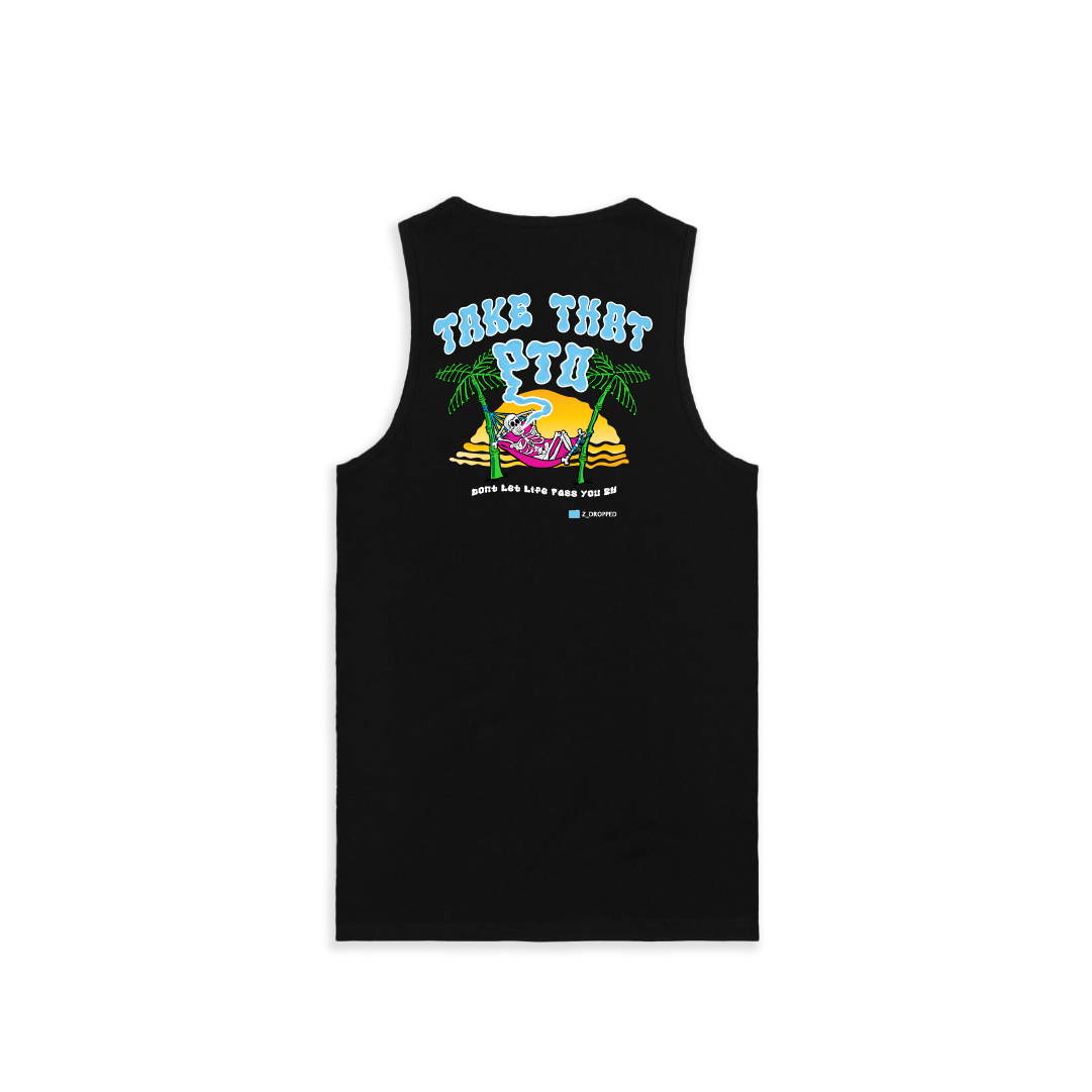 Rear view of a unisex black tank top with colorful skeleton in a hammock graphic and Take That PTO text on a white background