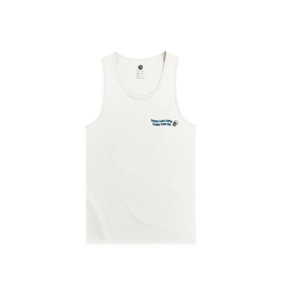 Front view of a unisex white tank top with text and logos on a white background