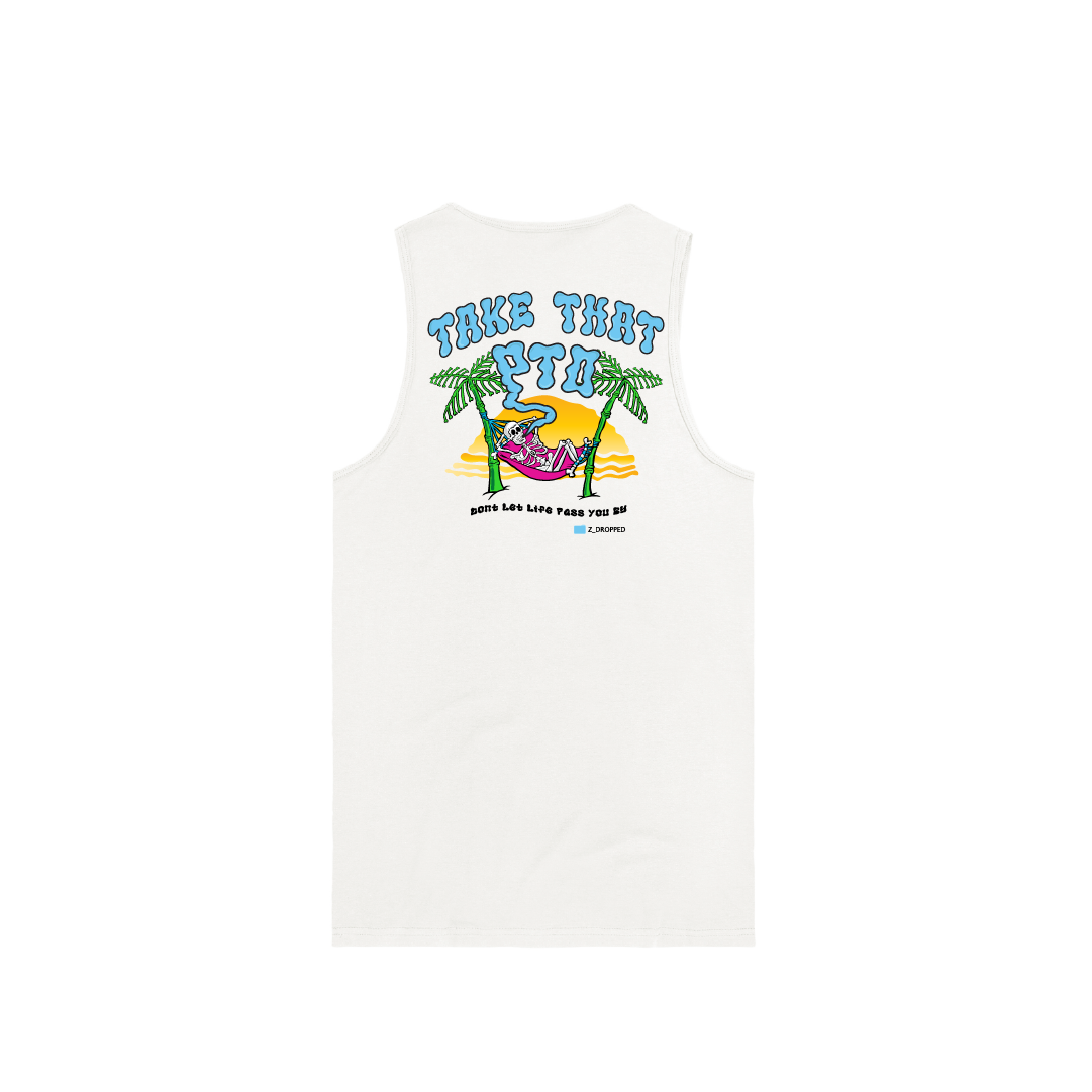 Rear view of a unisex white tank top with colorful skeleton in a hammock graphic and Take That PTO text on a white background