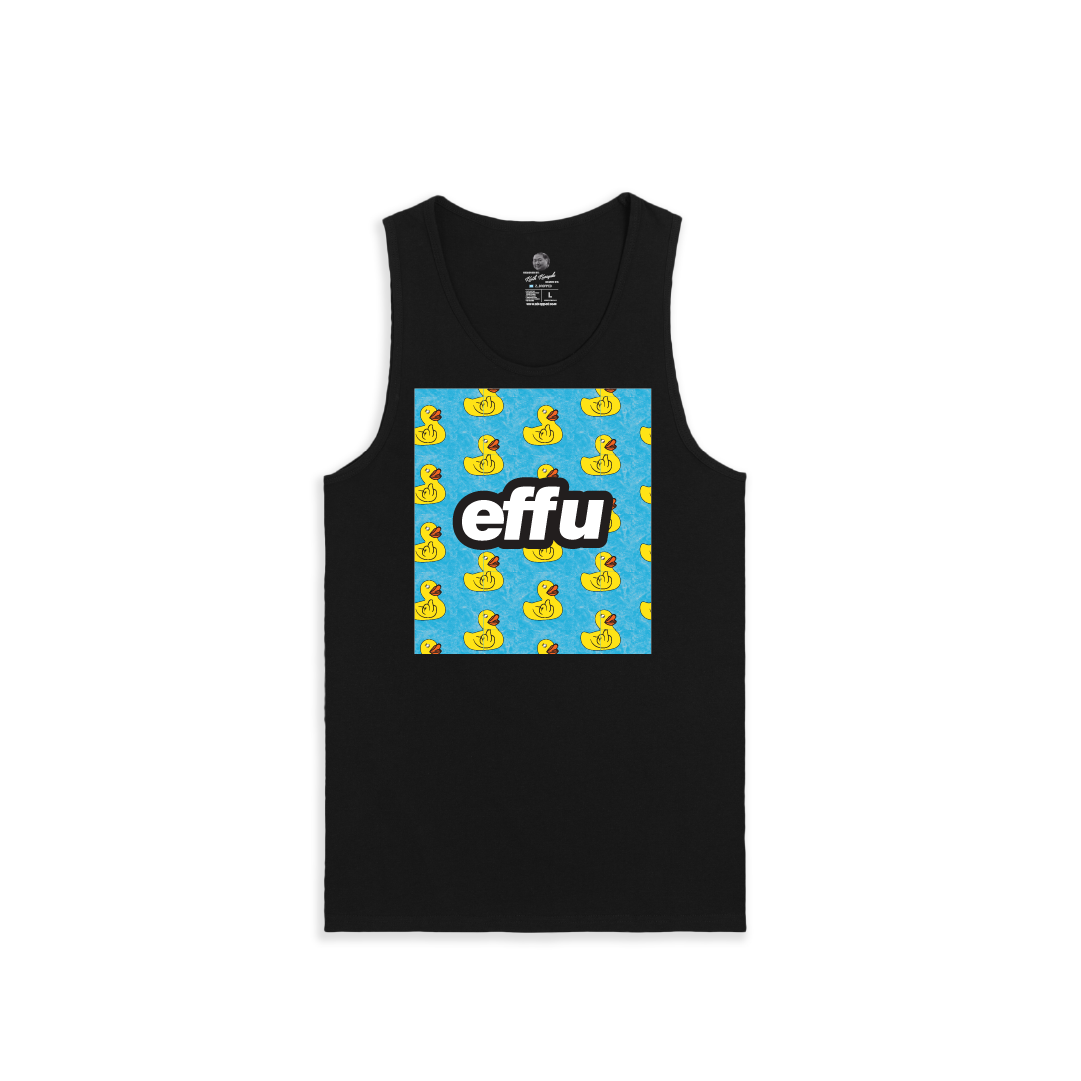 Black tank top with a cyan box with rubber ducky graphic and white 'effu' text on a white background