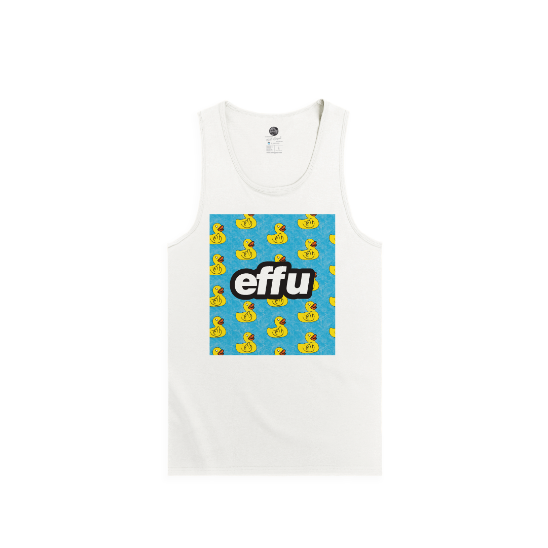 White tank top with large blue graphic featuring yellow rubber ducks and the word 'effu' on a white background.