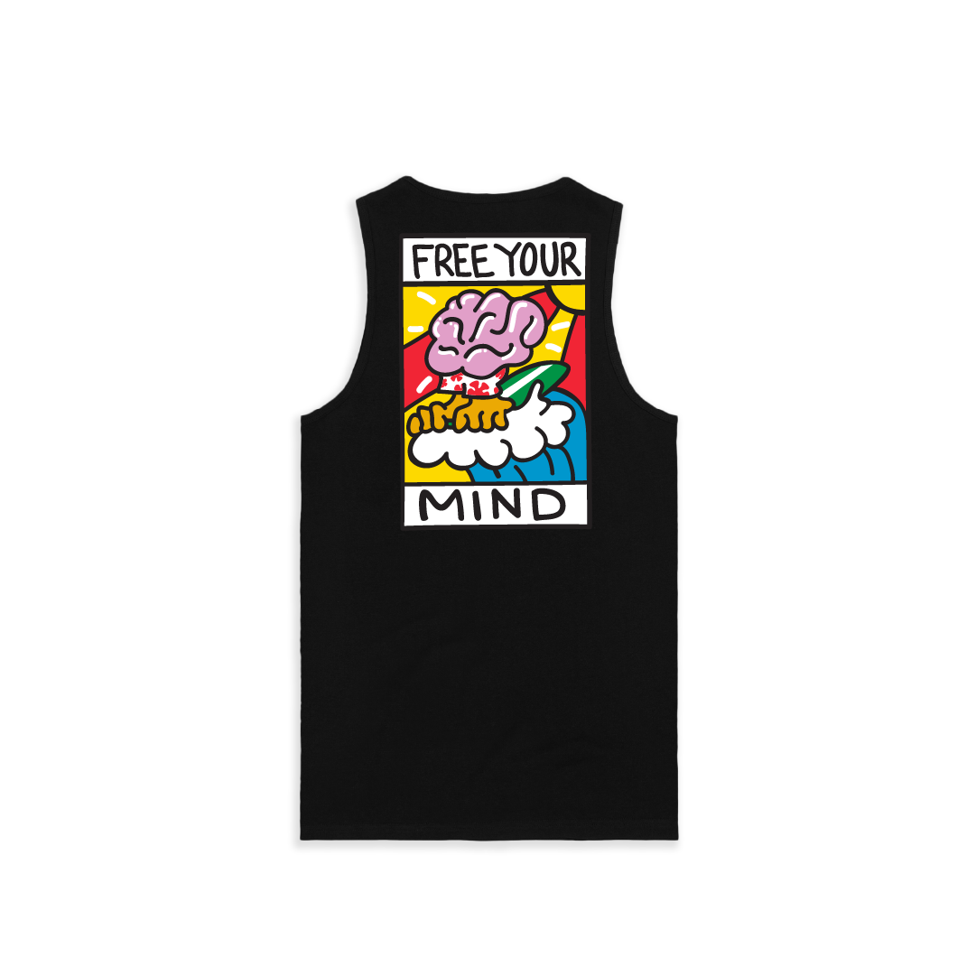 Black tank top with colorful graphic and 'Free Your Mind' text on a white background
