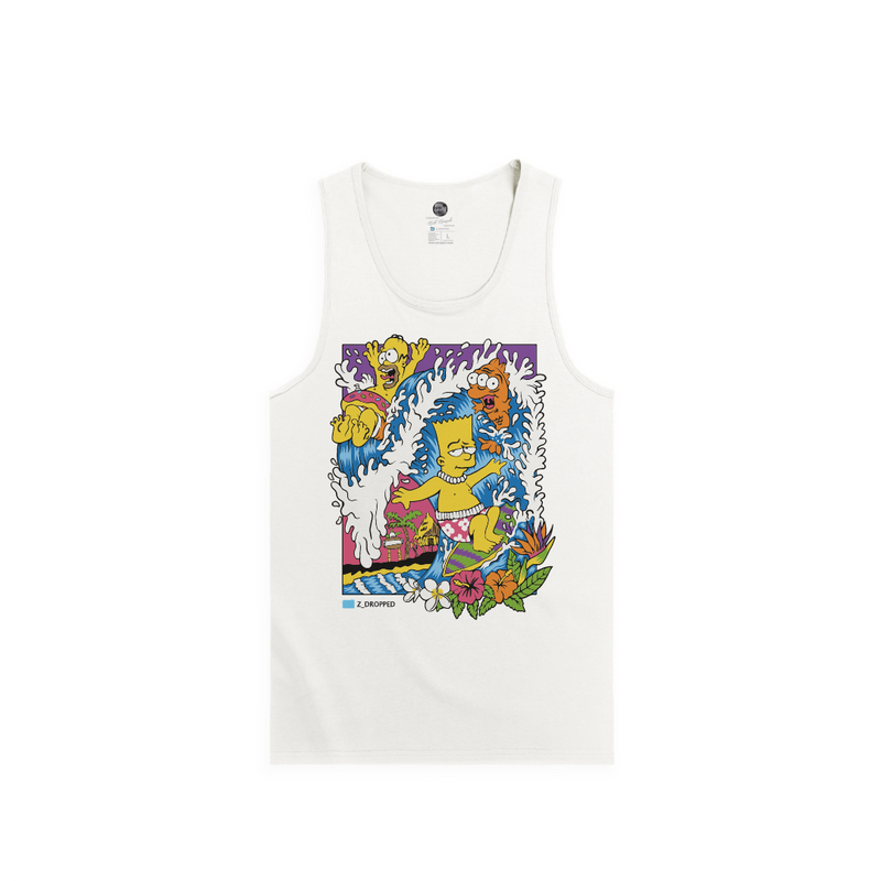Front view of a white tank top with a Bart Simpson surfing a wave graphic on a white background