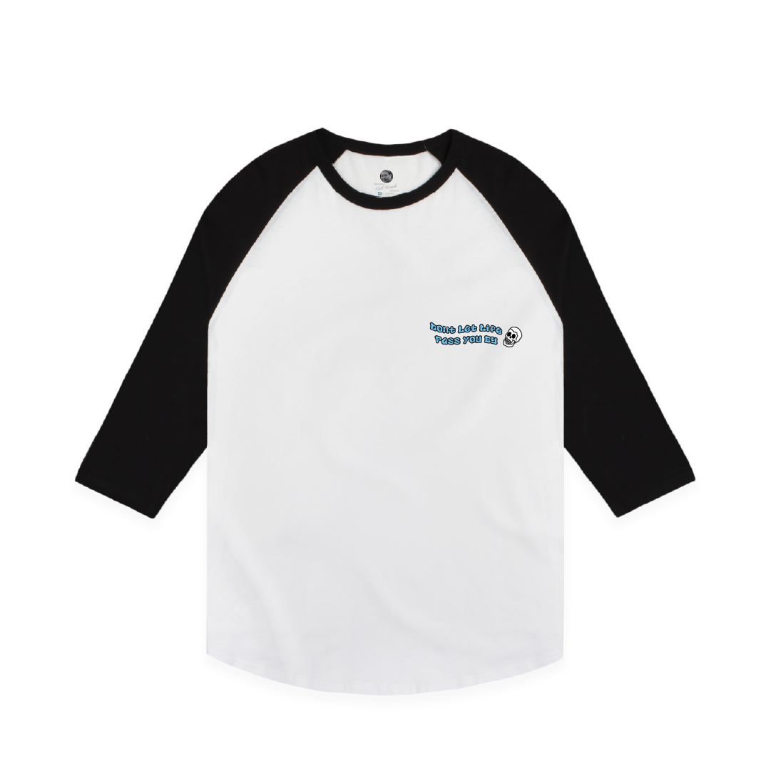Front view of a unisex white baseball shirt with black sleeves on a white background