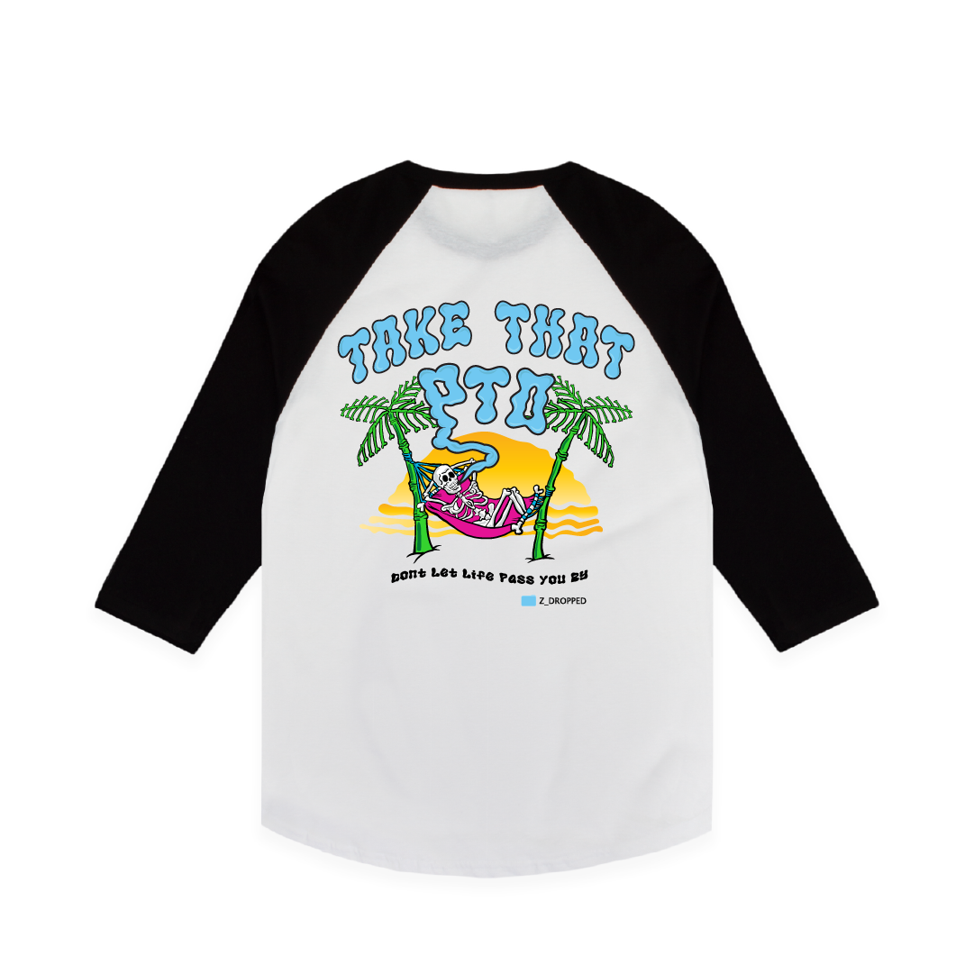 Rear view of a unisex white and black baseball shirt with 'Take That' graphic design on a white background