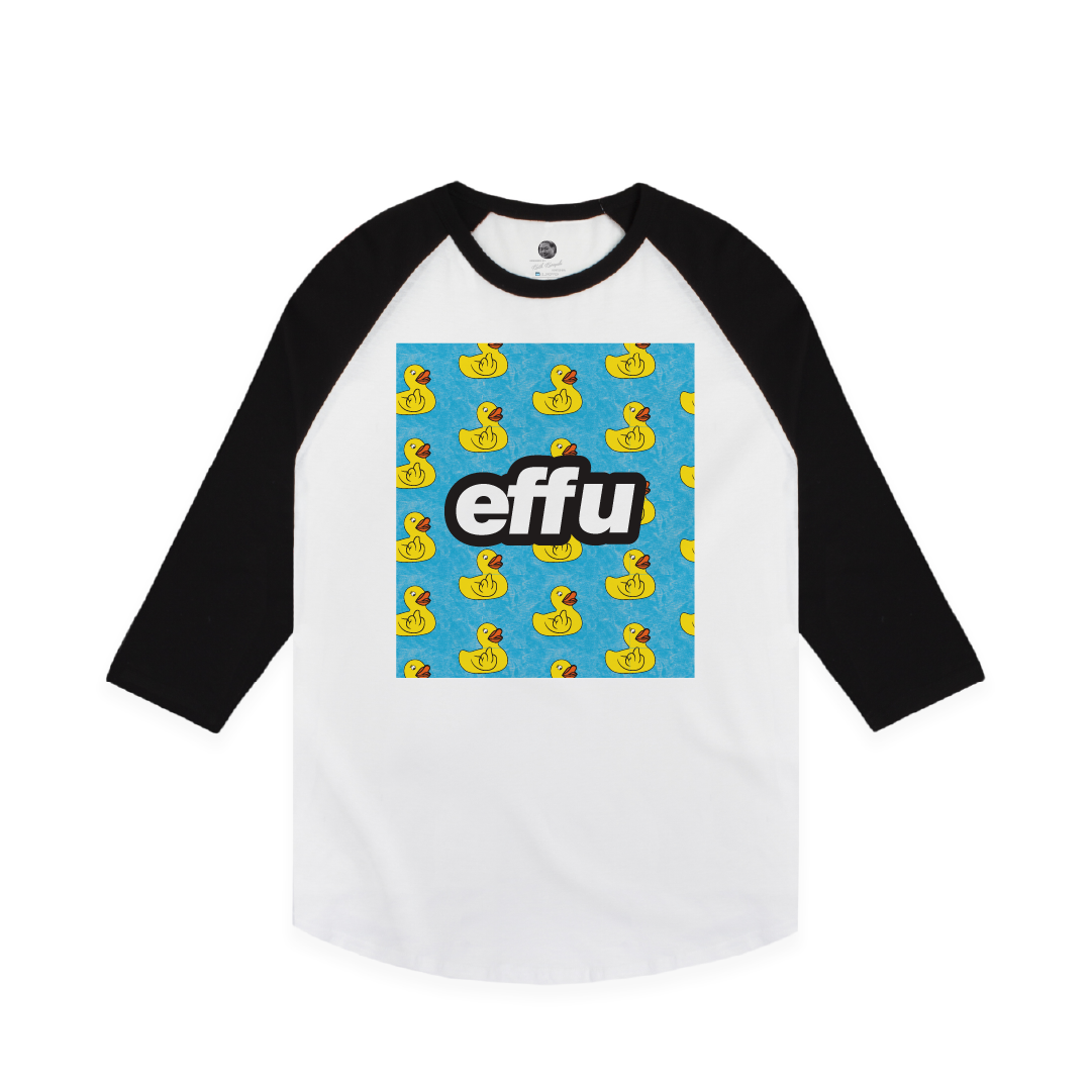 Black and white baseball shirt with blue square featuring yellow rubber ducks and 'effu' text on a white background