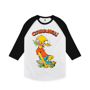 Front view of a baseball raglan with a screaming Bart Simpson Ed Roth cartoon character and 'Cowabunga!' text on a white background