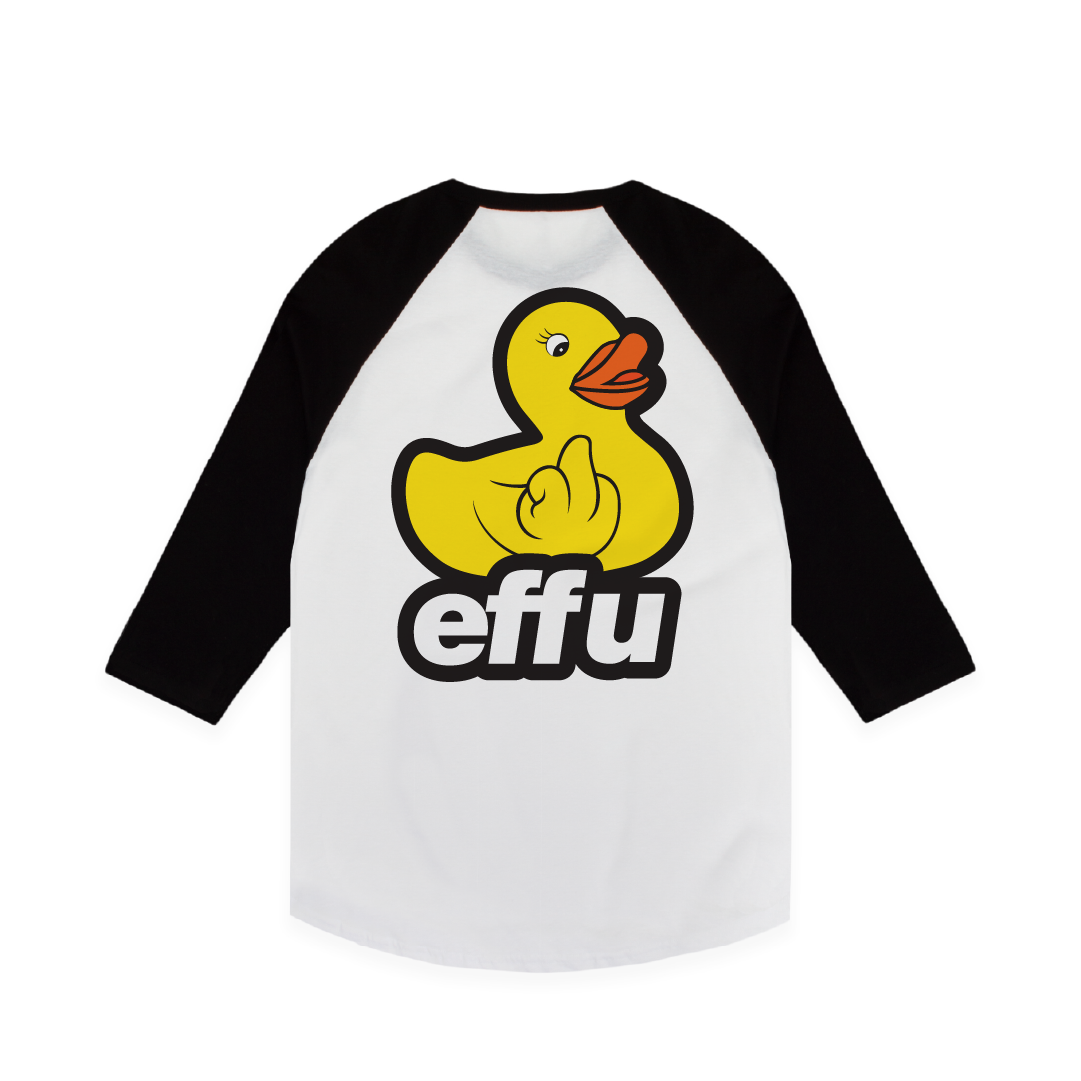 Rear view of a black and white baseball shirt with a large yellow rubber duck and 'effu' text on a white background