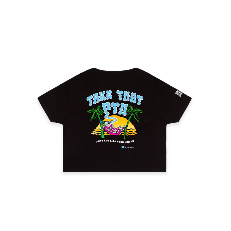 Rear view of a womens black crop top t-shirt with colorful skeleton in a hammock graphic and Take That PTO text on a white background