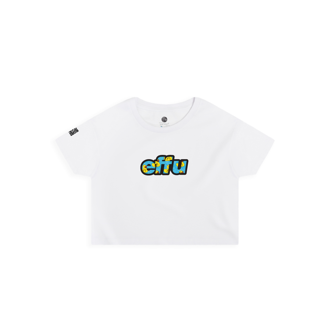 Front view of a womans white crop top t-shirt with cyan 'effu' text on a white background