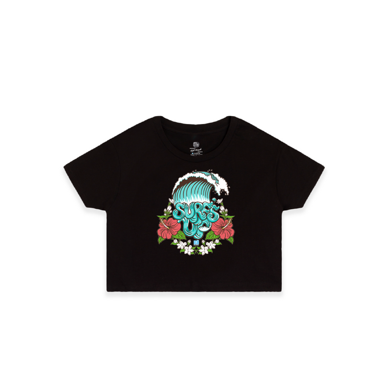 Front view of a womens black crop top t-shirt with a colorful Surfs Up wave graphic on a white background