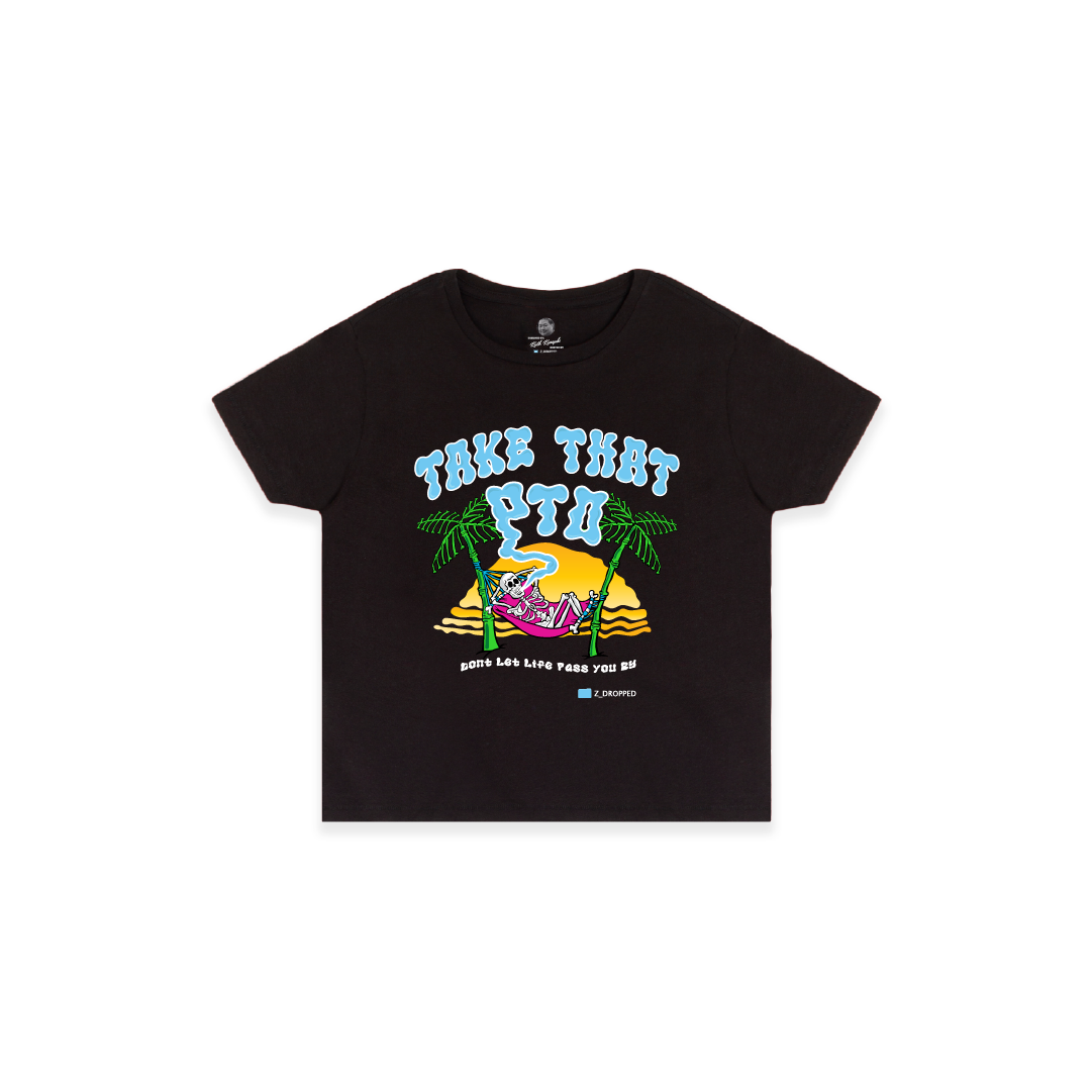 Front view of a womens black high waist t-shirt with colorful skeleton in a hammock graphic design featuring palm trees and Take that PTO text on a white background
