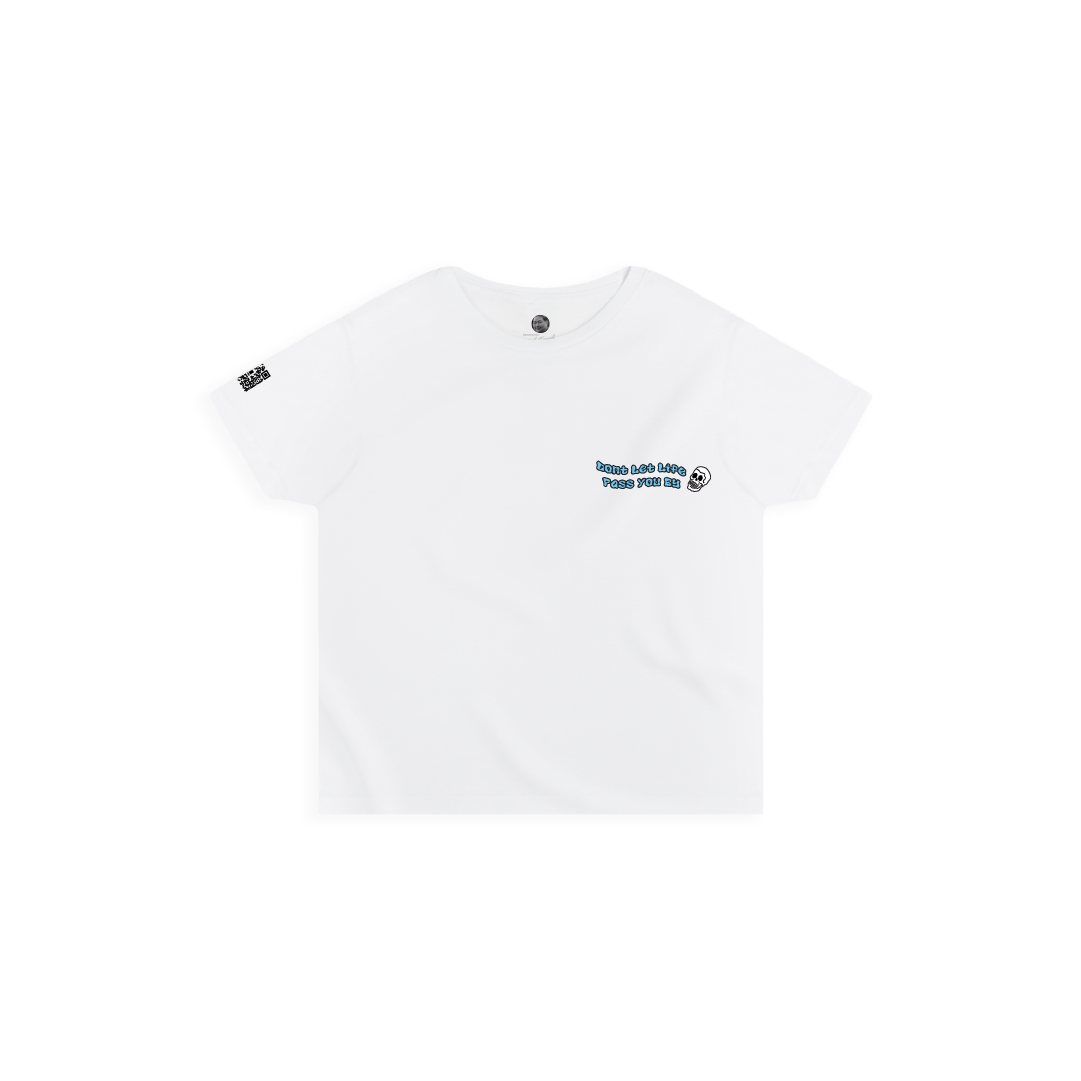 Front view of a womens white high waist t-shirt with small text and logo on a white background