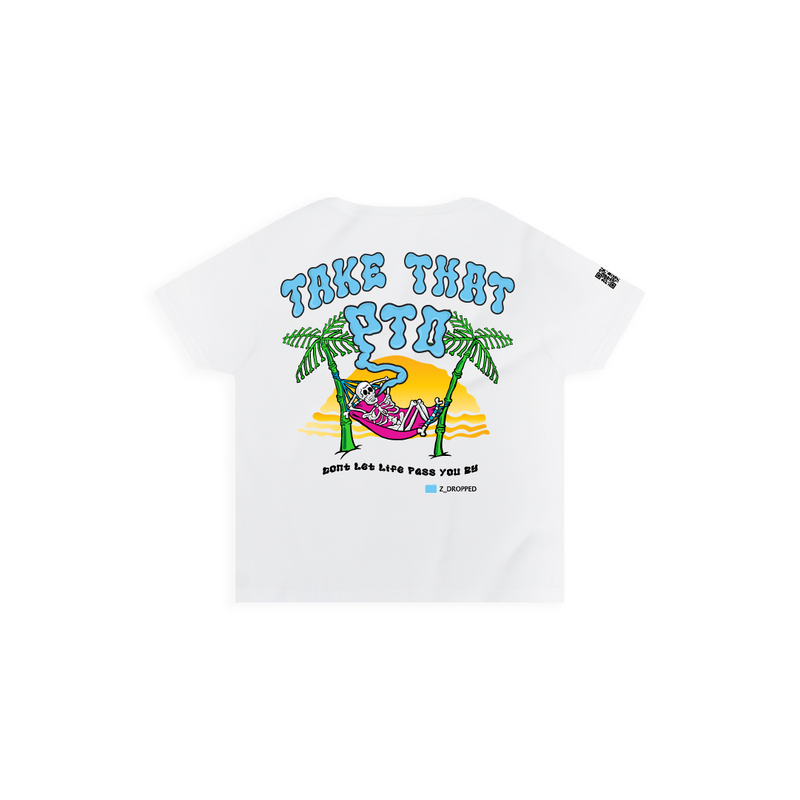 Rear view of a womens white high waist t-shirt with colorful skeleton in a hammock graphic design featuring palm trees and Take that PTO text on a white background