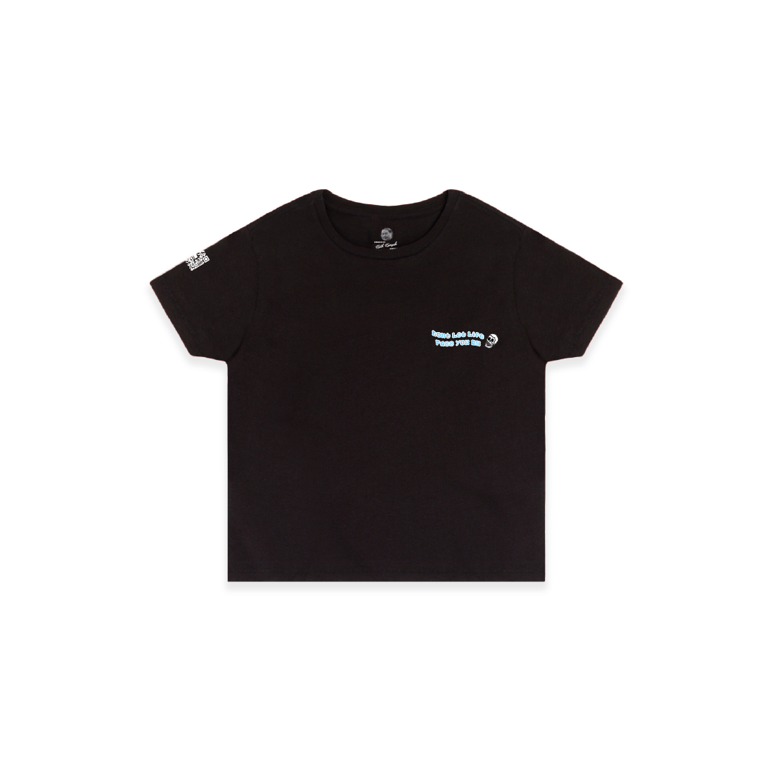 Front view of a womens black high waist t-shirt with white text on a white background