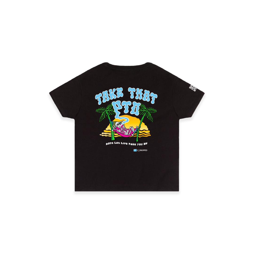 Rear view of a womens black high waist t-shirt with colorful skeleton in a hammock graphic design featuring palm trees and Take that PTO text on a white background