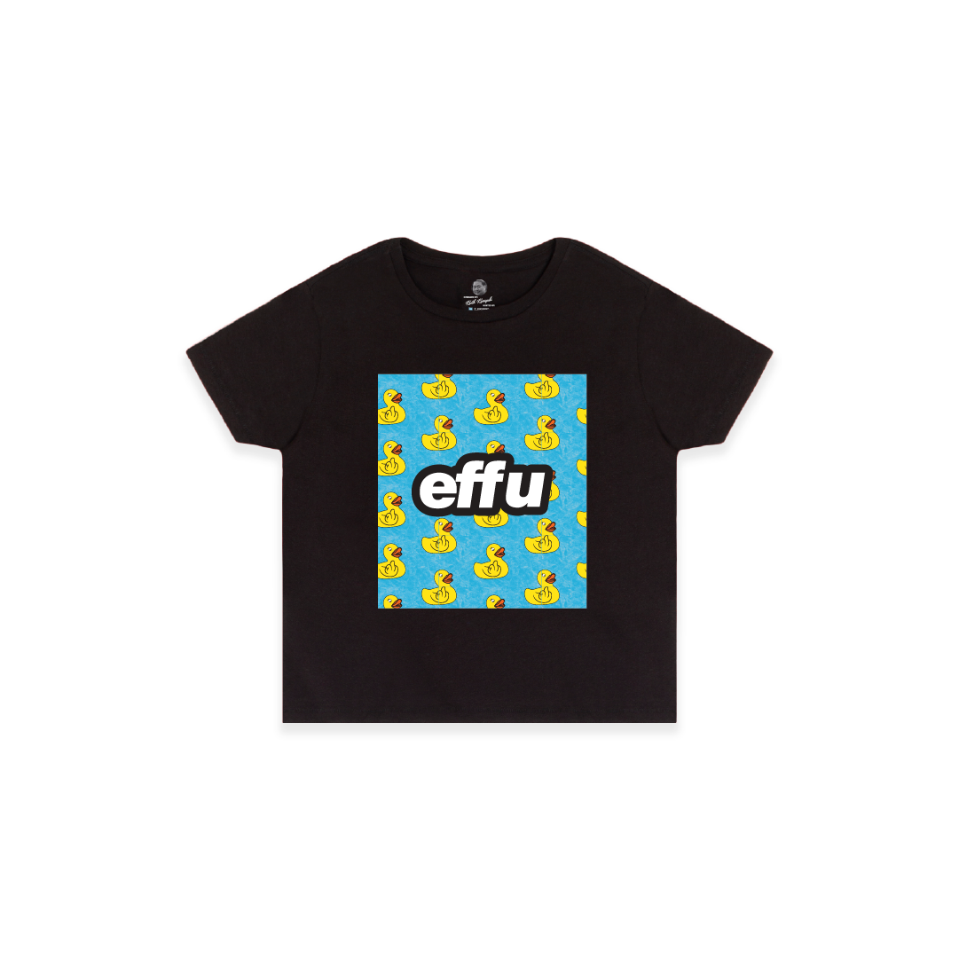 Black t-shirt with blue square design featuring yellow rubber ducks and 'effu' text on a white background.
