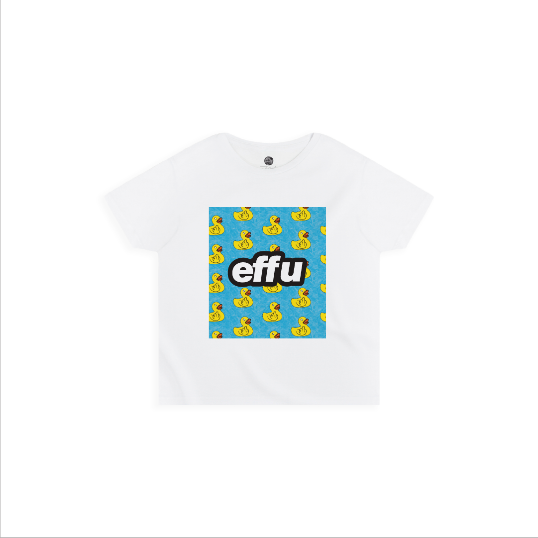 Womens white high waisted t-shirt with a blue square featuring yellow rubber ducks and the word 'effu' on a white background.
