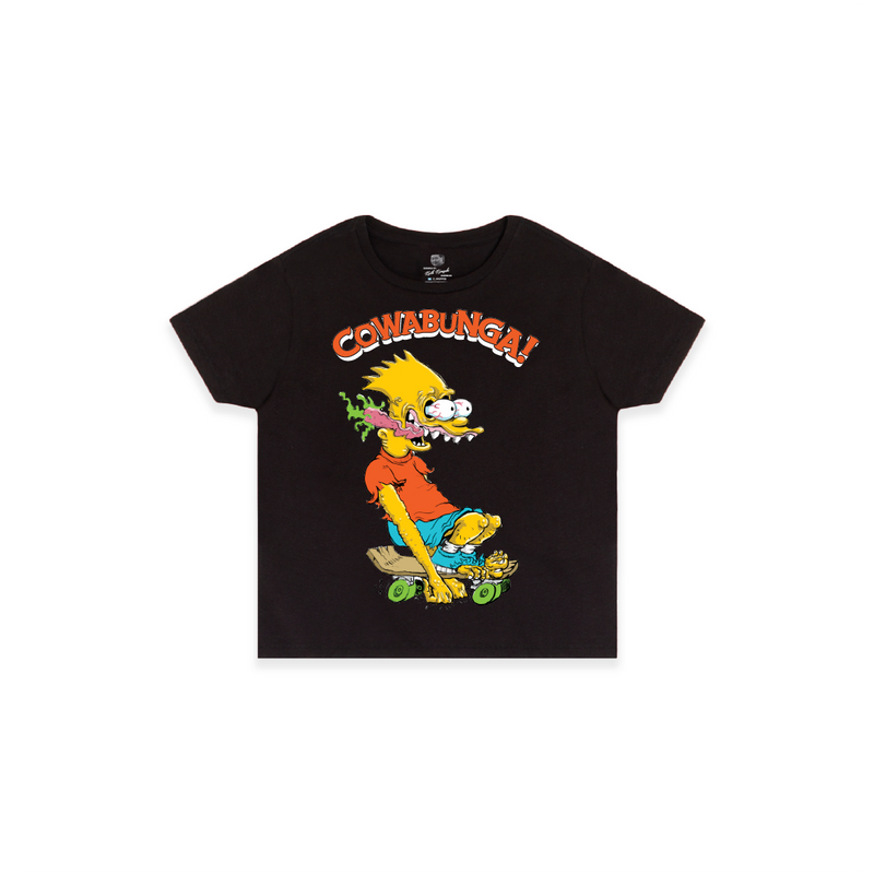 Front view of a womens black high waisted tee with a screaming Bart Simpson on a white background