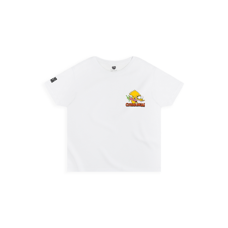 front view of a womens white high waisted tee with a screaming Bart Simpson head on a white background
