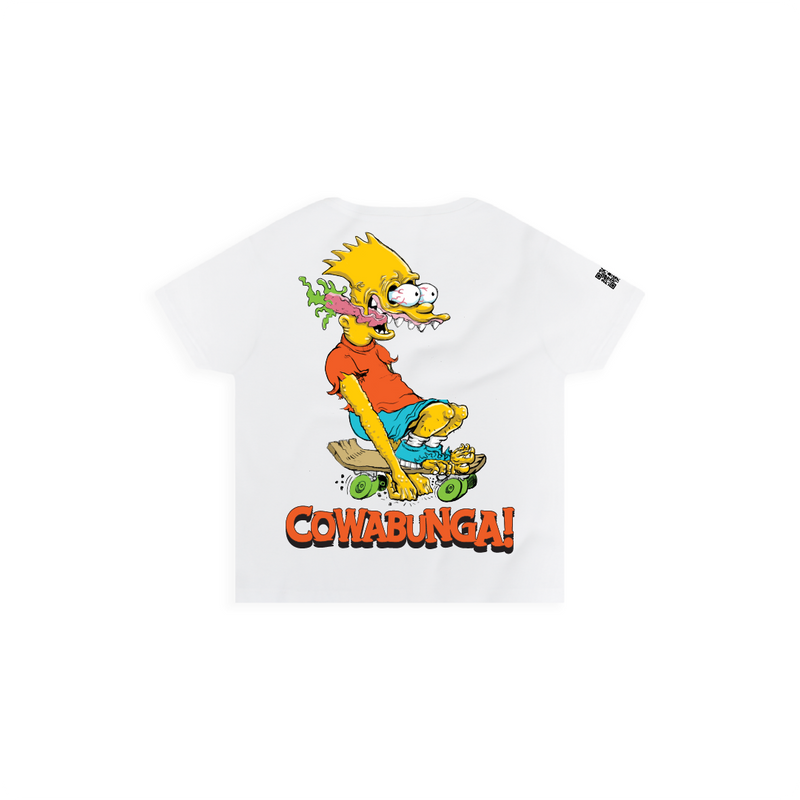 Rear view of a womens white high waisted tee with a screaming Bart Simpson on a white background