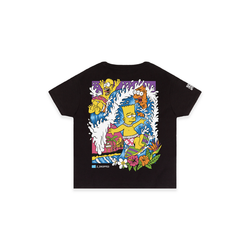 Rear view of a womens black high waisted t-shirt with a Bart Simpson surfing a wave graphic on a white background