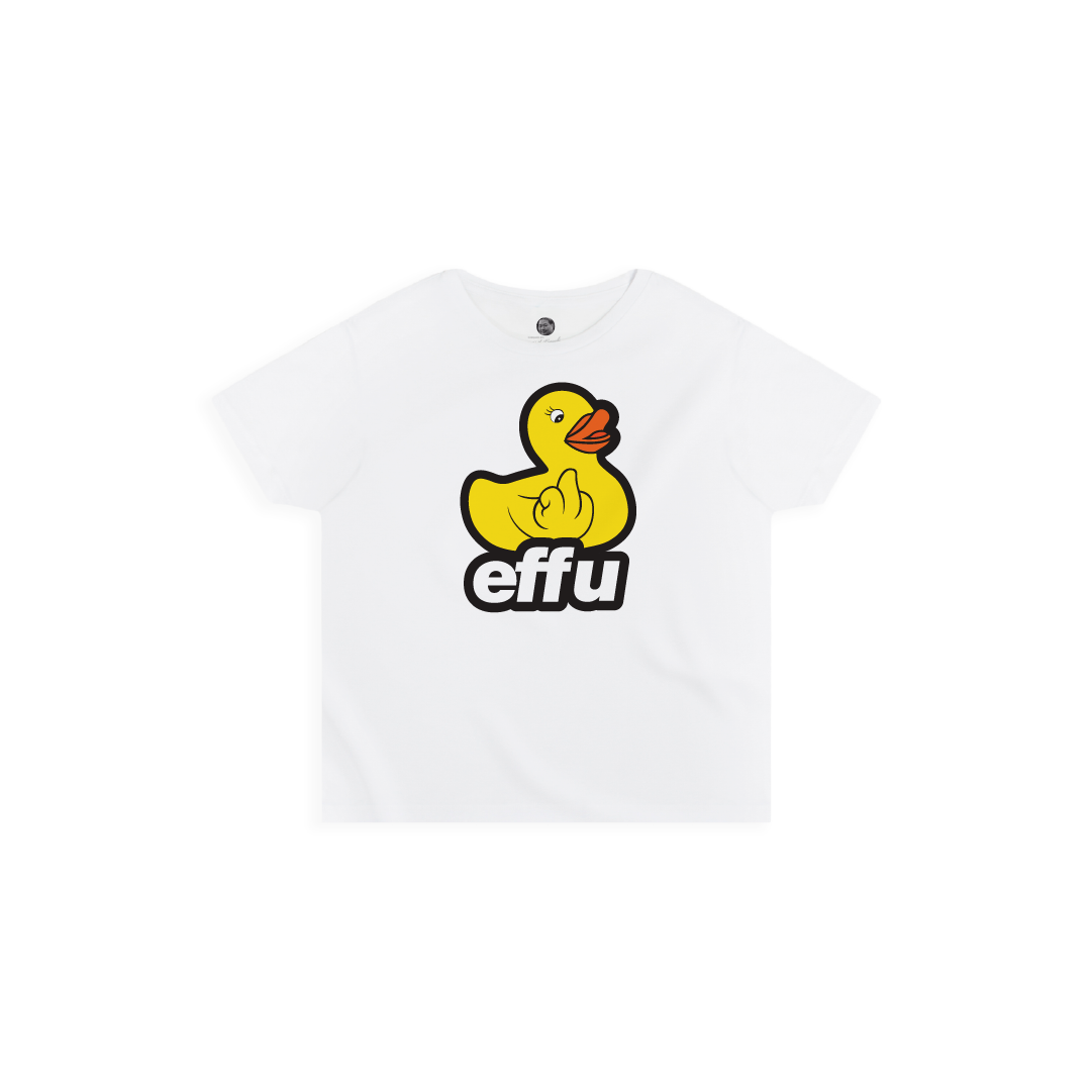 Front view of a womens white high waisted t-shirt with a large yellow rubber ducky logo and 'effu' text on a white background