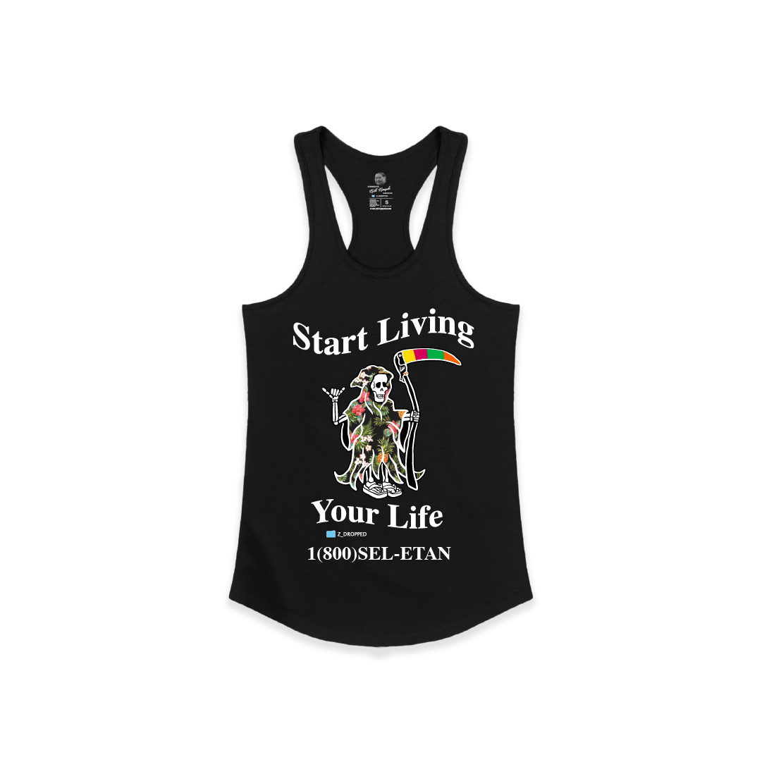 Front view of a womens black racerback tank top with a grim reaper skeleton graphic and Start Living Your Life text on a white background