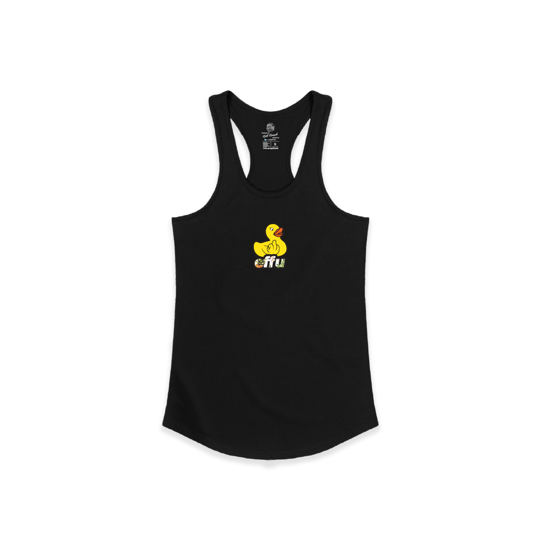 Black tank top with a yellow rubber ducky graphic and 'effu' text on a white background