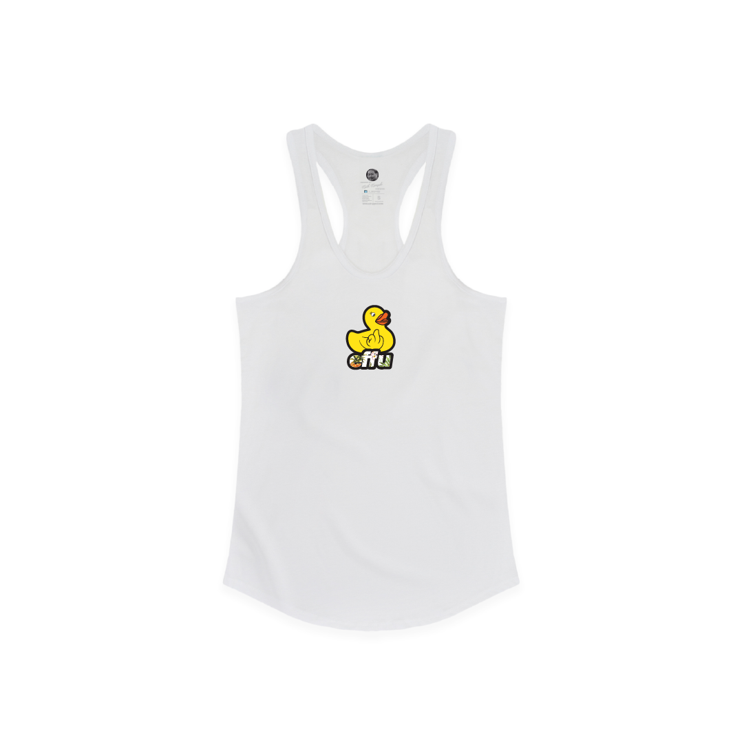 White tank top with a yellow rubber ducky graphic and 'effu' text on a white background