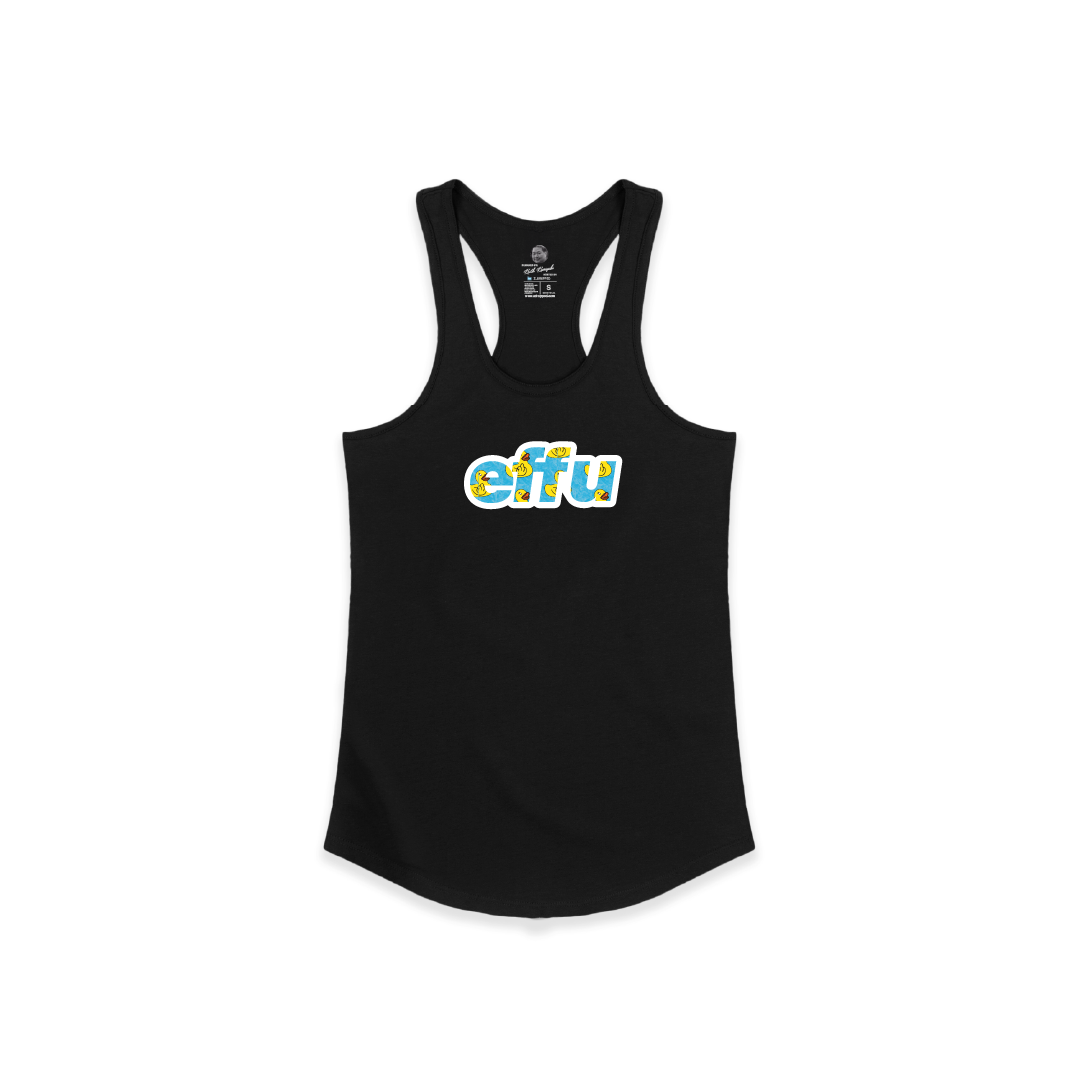 Black tank top with colorful 'effu' graphic text on a white background
