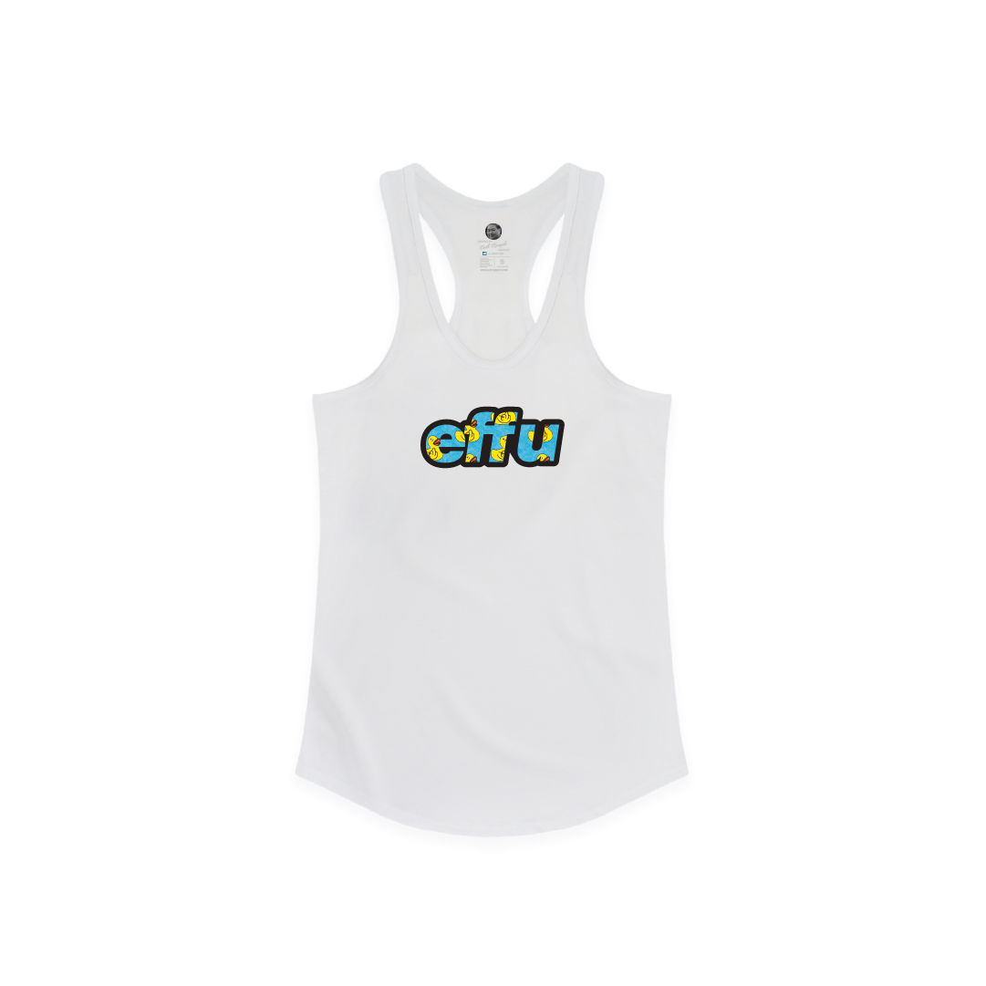 White tank top with colorful 'effu' text on a white background