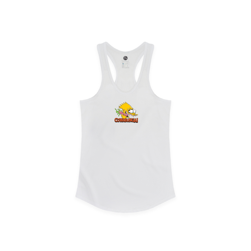 Front view of a womens white racer back tank top with a screaming Bart Simpson head on a white background