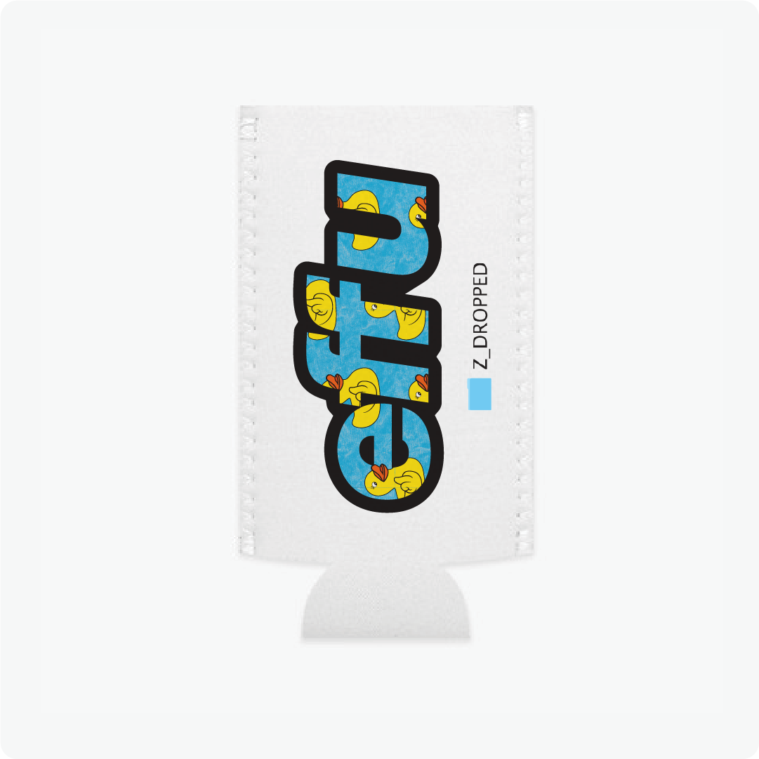 White slim can koozie with cartoon duck design and text on a white background