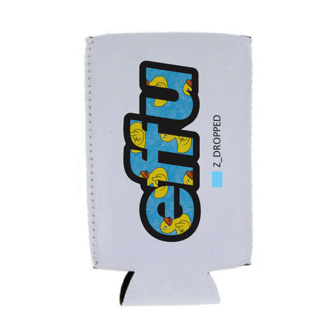 White tall can koozie with cartoon duck design and text on a white background