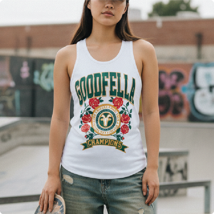 woman at a skatepark wearing a white goodfella racerback tank top at a skatepark.