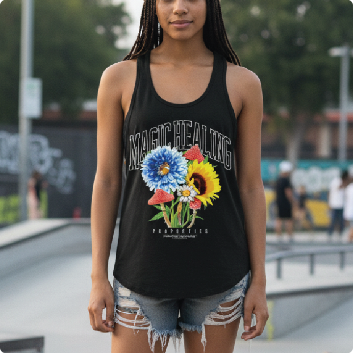 woman wearing a black racerback with bright flowers and 'Magic Healing' text at a skate park.