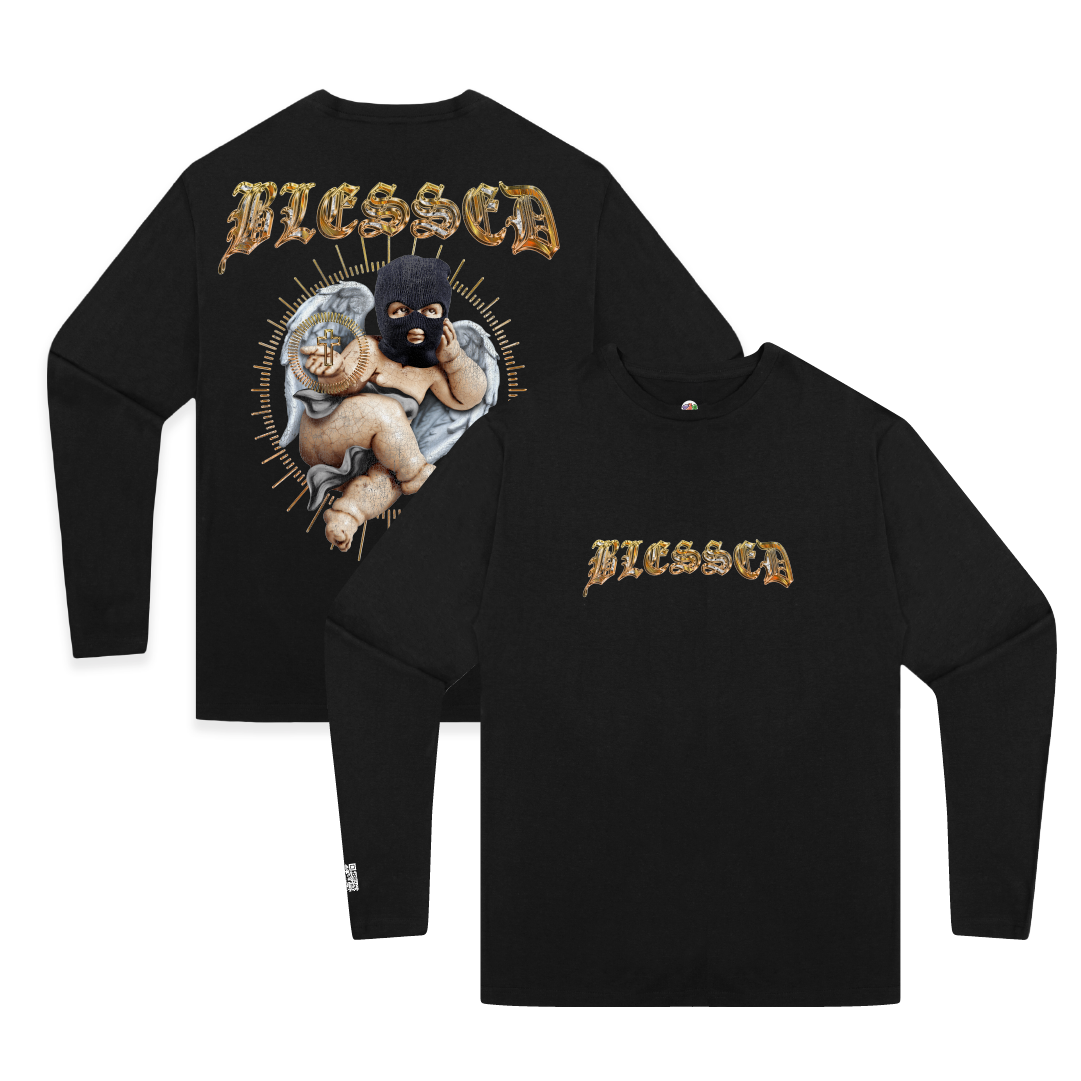 Front and Back Image of zdropped's best selling blessed black long sleeve tee.