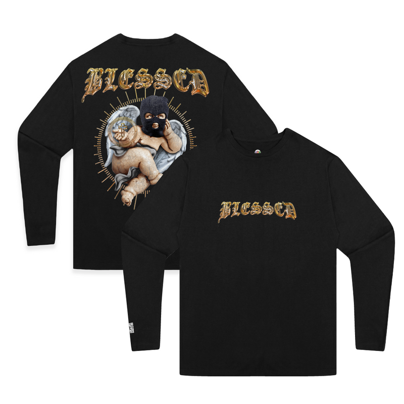 Front and Back Image of zdropped's best selling blessed black long sleeve tee.